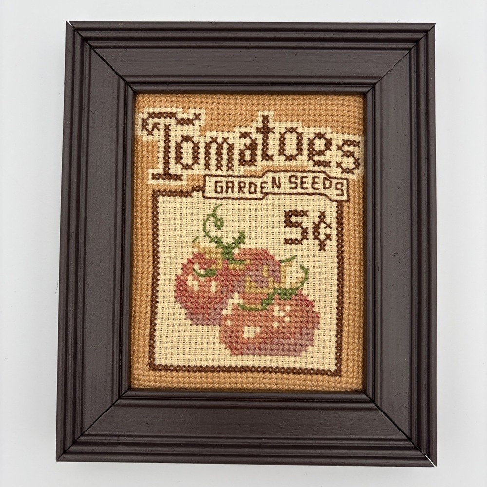 Vintage Cross Stitched Jiffy Stitchery #935 Tomato Seeds Framed 4"x5" Cottage